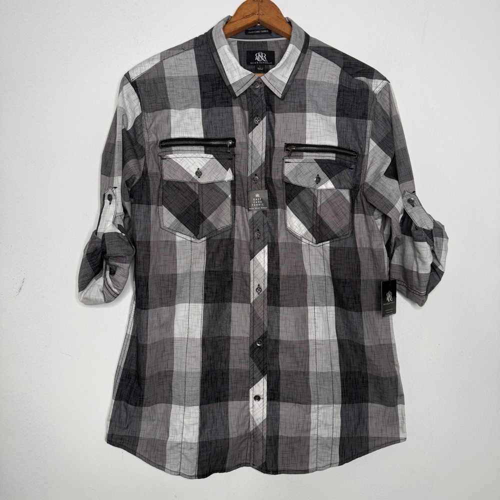 Rock & Republic Mens Large Button Up Shirt Gray Plaid Roll Tab Easy Care Casual